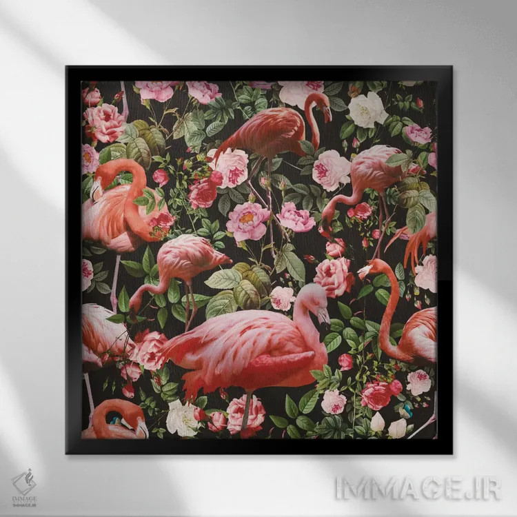 تابلو طرح گل و فلامینگو اثر برجو کورکمازیورک - نمای قابدار مشکی