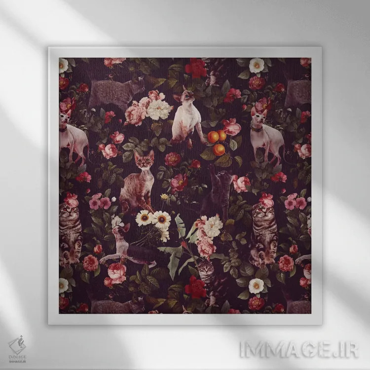 تابلو طرح گل و گربهها اثر برجو کورکمازیورک - نمای قابدار سفید