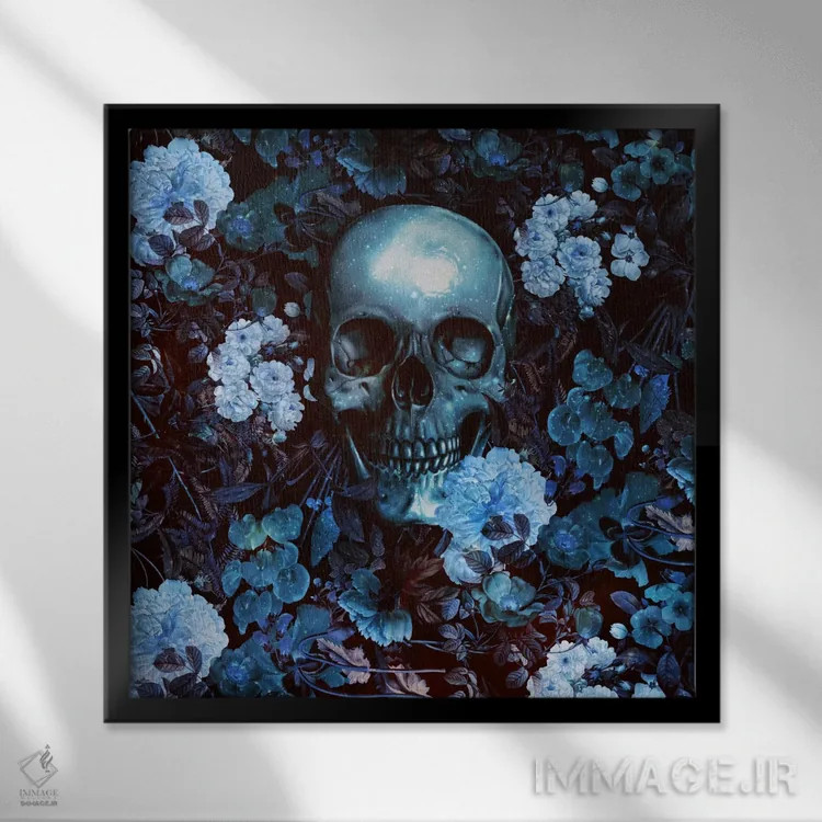 تابلو جمجمه و گلها اثر برجو کورکمازیورک - نمای قابدار مشکی