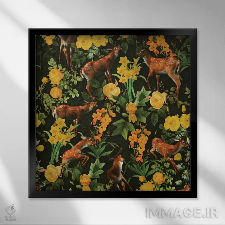 تابلو گوزن و طرح گلدار اثر برجو کورکمازیورک - نمای قابدار مشکی