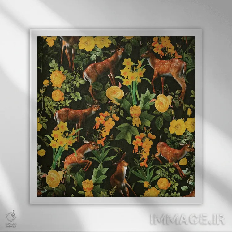 تابلو گوزن و طرح گلدار اثر برجو کورکمازیورک - نمای قابدار سفید