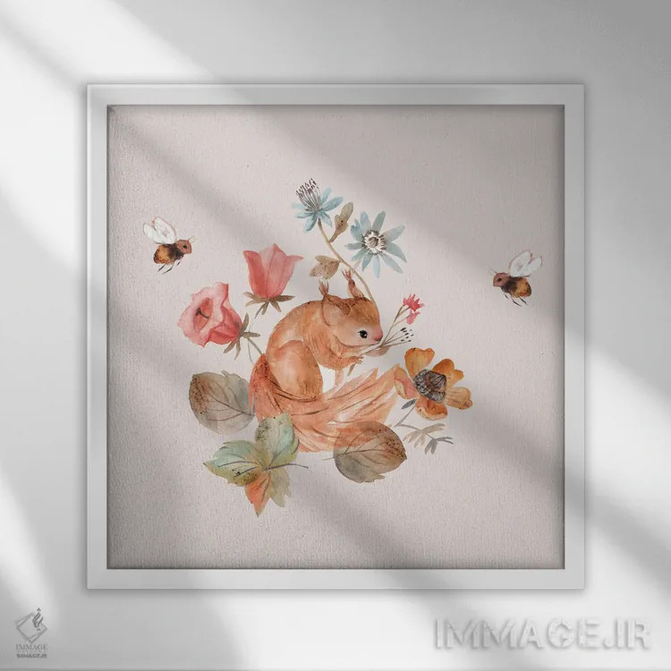 تابلو عصر آفتابی با سنجاب اثر برنادت اوربانویک - نمای قابدار سفید