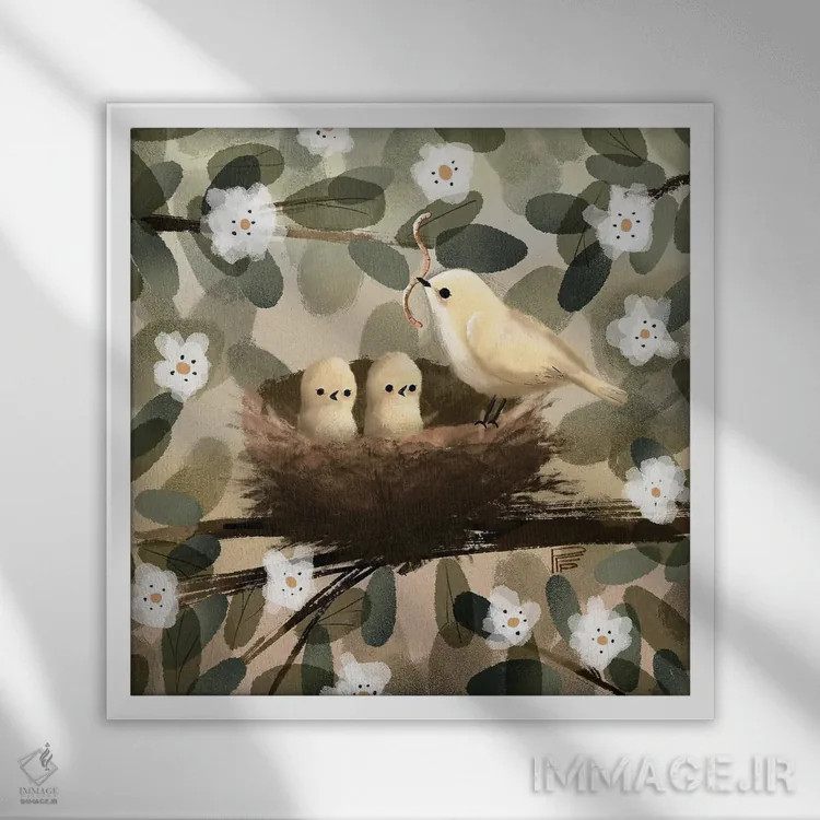 تابلو لانه پرنده اثر برنادت اوربانویک - نمای قابدار سفید