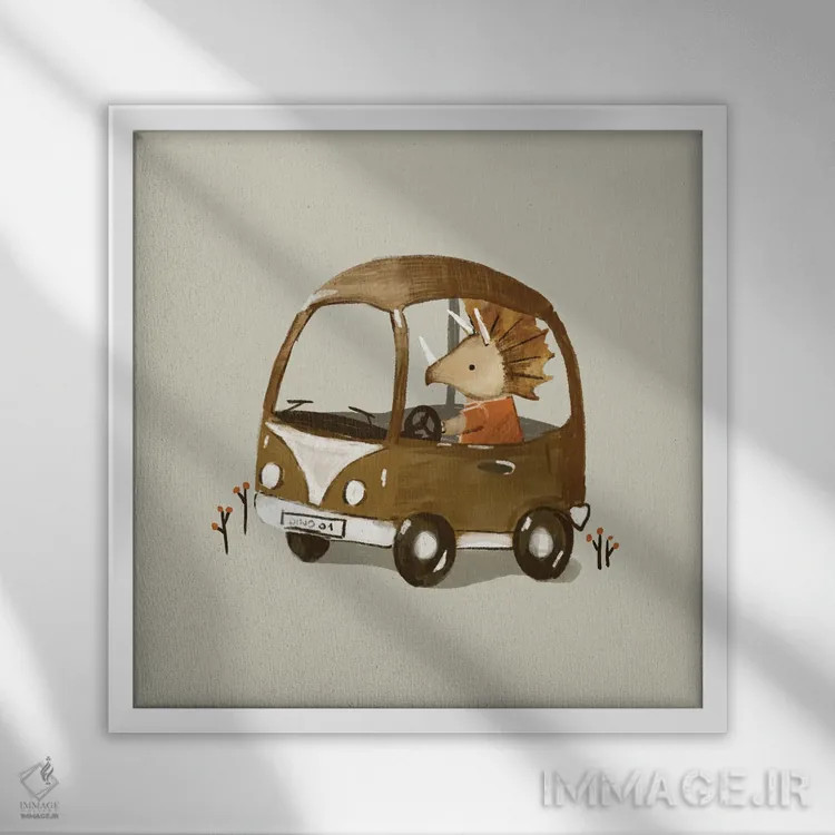 تابلو دایناسور در راه است اثر برنادت اوربانویک - نمای قابدار سفید