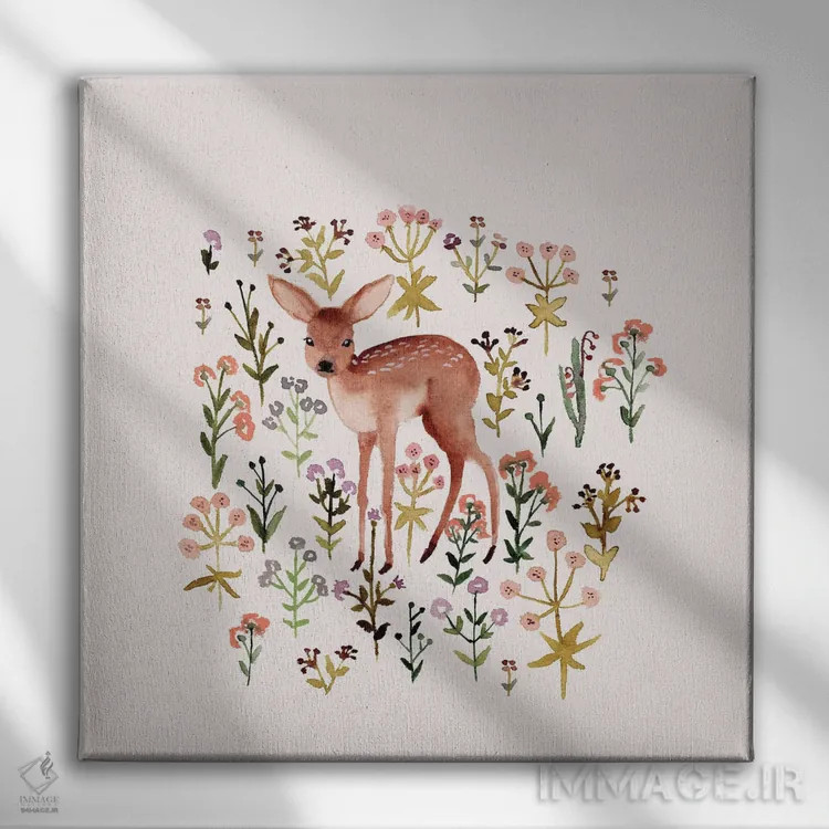 تابلو آهوچه و گلها اثر برنادت اوربانویک - نمای روبهرو روی دیوار