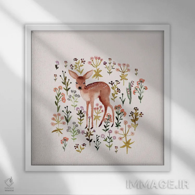 تابلو آهوچه و گلها اثر برنادت اوربانویک - نمای قابدار سفید