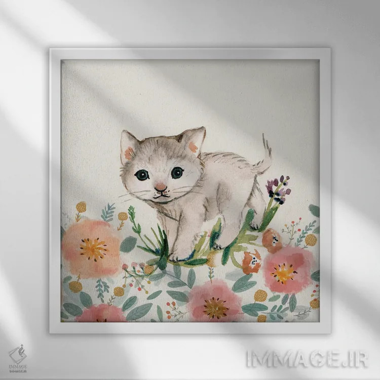 تابلو گربهٔ باغ اثر برنادت اوربانویک - نمای قابدار سفید