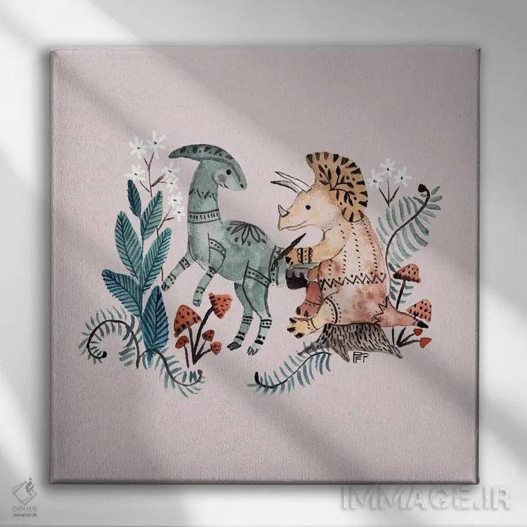 تابلو دایناسورهای قبیلهای اثر برنادت اوربانویک - نمای روبهرو روی دیوار