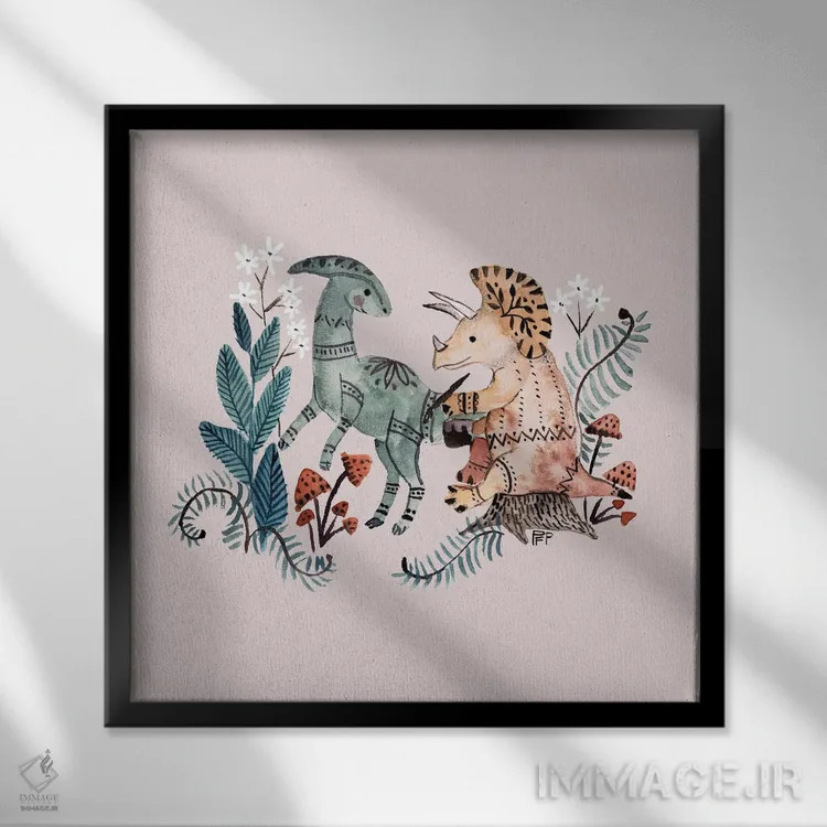 تابلو دایناسورهای قبیلهای اثر برنادت اوربانویک - نمای قابدار مشکی