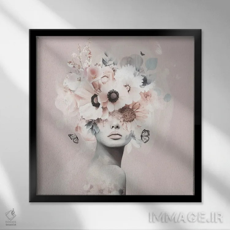 تابلو پردهٔ گلبرگ صورتی اثر بلا ایو - نمای قابدار مشکی