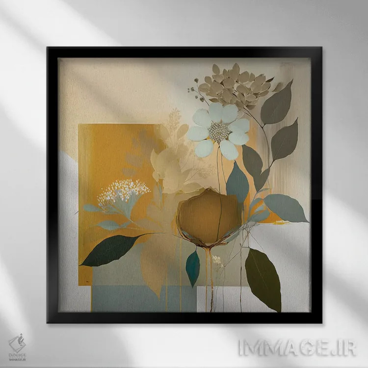 تابلو گیاهان آبی و خردلی ۲ اثر بلا ایو - نمای قابدار مشکی