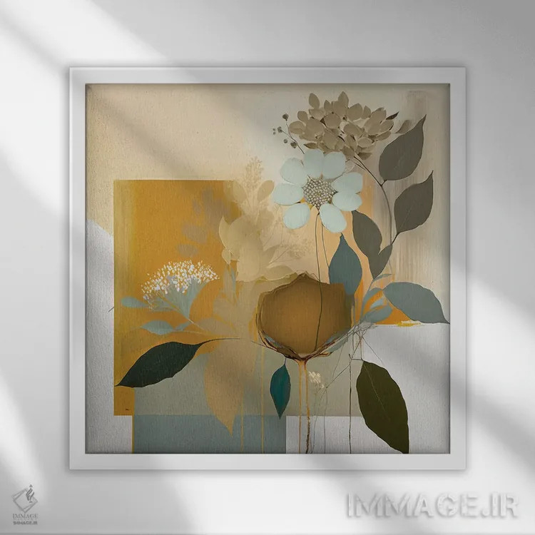 تابلو گیاهان آبی و خردلی ۲ اثر بلا ایو - نمای قابدار سفید