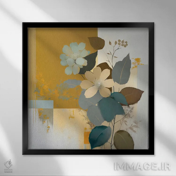 تابلو گیاهان آبی و خردلی اثر بلا ایو - نمای قابدار مشکی