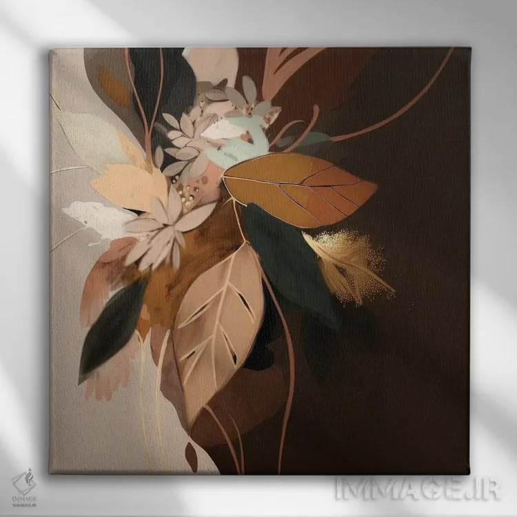 تابلو برگهای طلایی انتزاعی اثر بلا ایو - نمای روبهرو روی دیوار