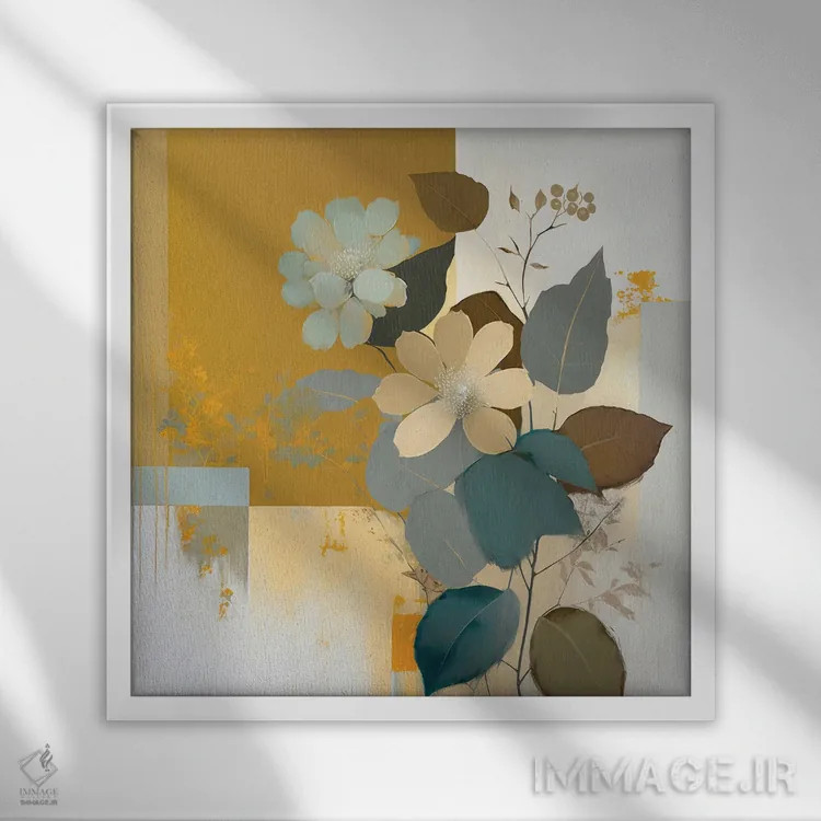 تابلو گیاهان آبی و خردلی اثر بلا ایو - نمای قابدار سفید