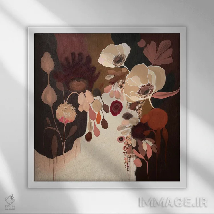 تابلو شکوفههای انتزاعی زرشکی اثر بلا ایو - نمای قابدار سفید
