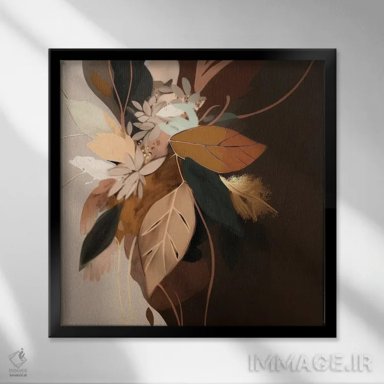 تابلو برگهای طلایی انتزاعی اثر بلا ایو - نمای قابدار مشکی