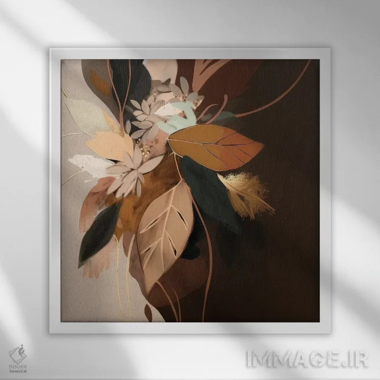 تابلو برگهای طلایی انتزاعی اثر بلا ایو - نمای قابدار سفید