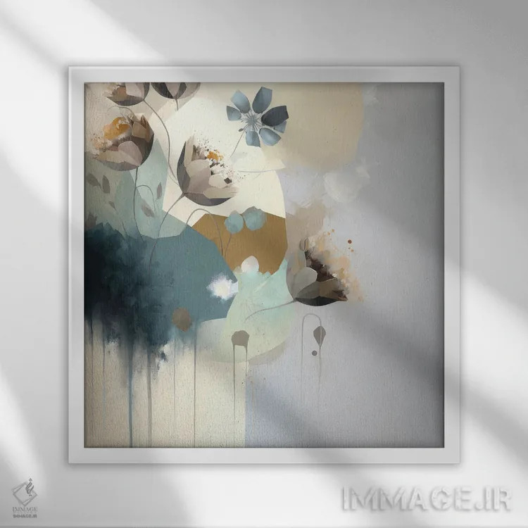 تابلو شکوفههای آبی انتزاعی اثر بلا ایو - نمای قابدار سفید