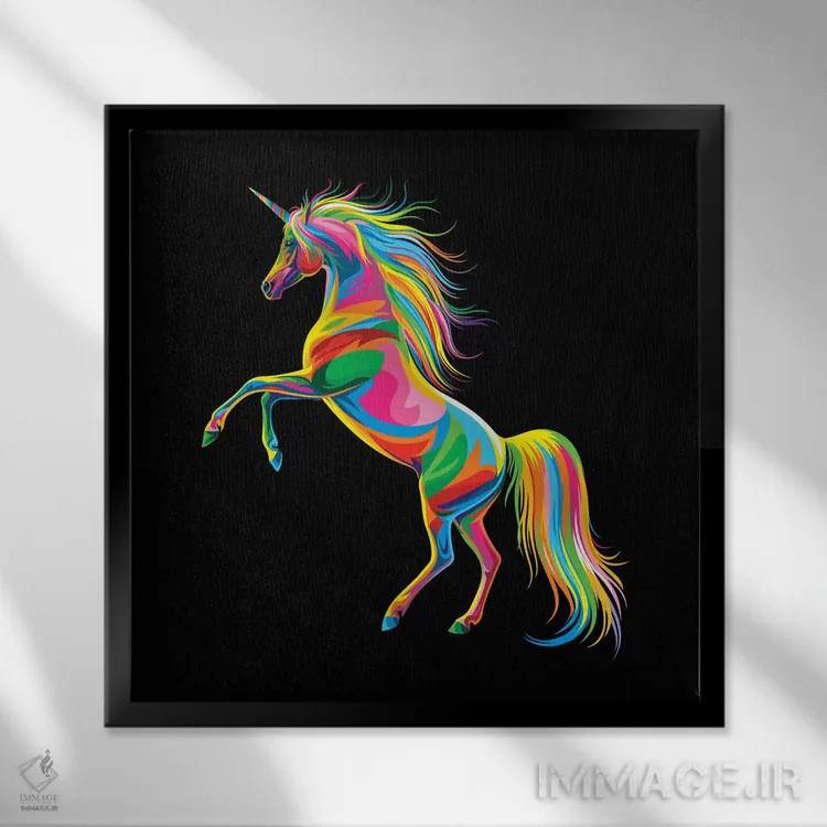 تابلو اسب تکشاخ (موجود افسانهای) اثر باب ویر - نمای قابدار مشکی