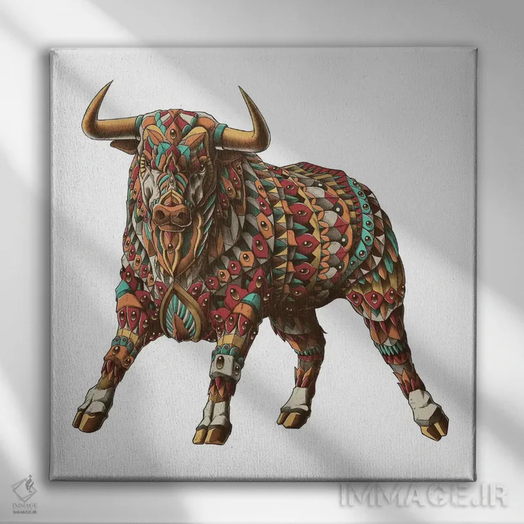 تابلو گاو خشمگین رنگی I اثر بیوورکز - نمای روبهرو روی دیوار