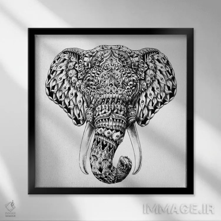 تابلو سر فیل تزیینی اثر بیوورکز - نمای قابدار مشکی