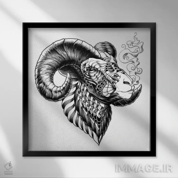 تابلو گوسفند شاخبزرگ اثر بیوورکز - نمای قابدار مشکی