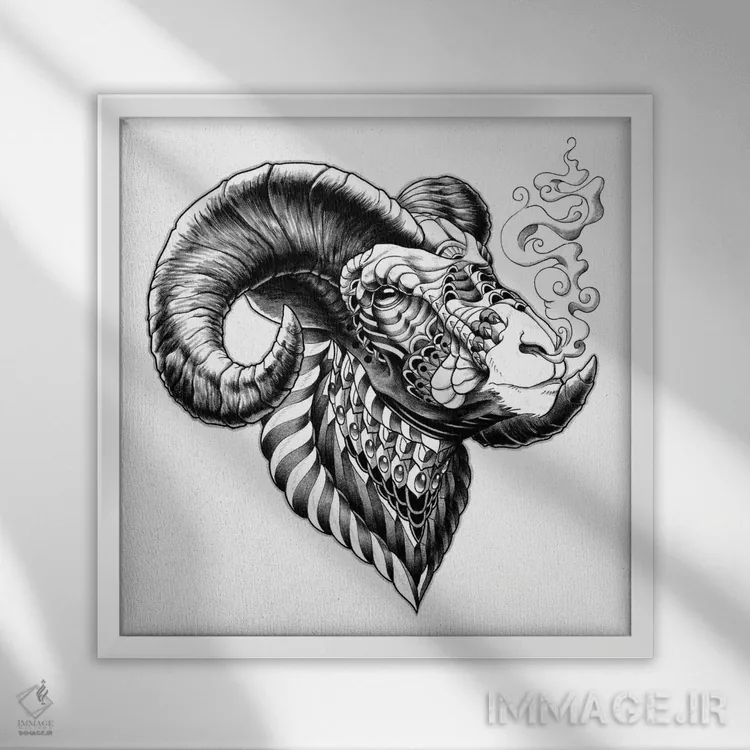 تابلو گوسفند شاخبزرگ اثر بیوورکز - نمای قابدار سفید