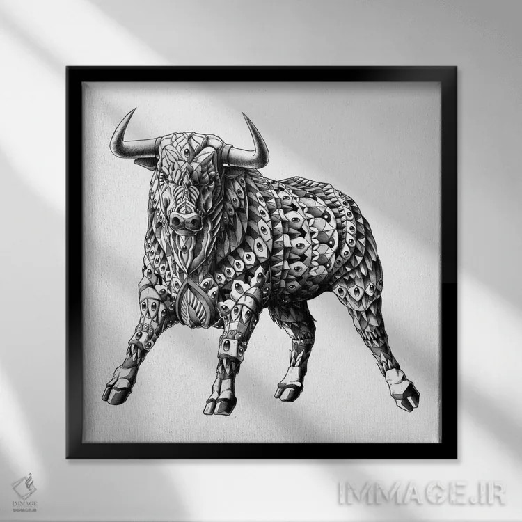 تابلو گاو خشمگین اثر بیوورکز - نمای قابدار مشکی