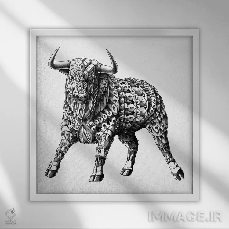 تابلو گاو خشمگین اثر بیوورکز - نمای قابدار سفید