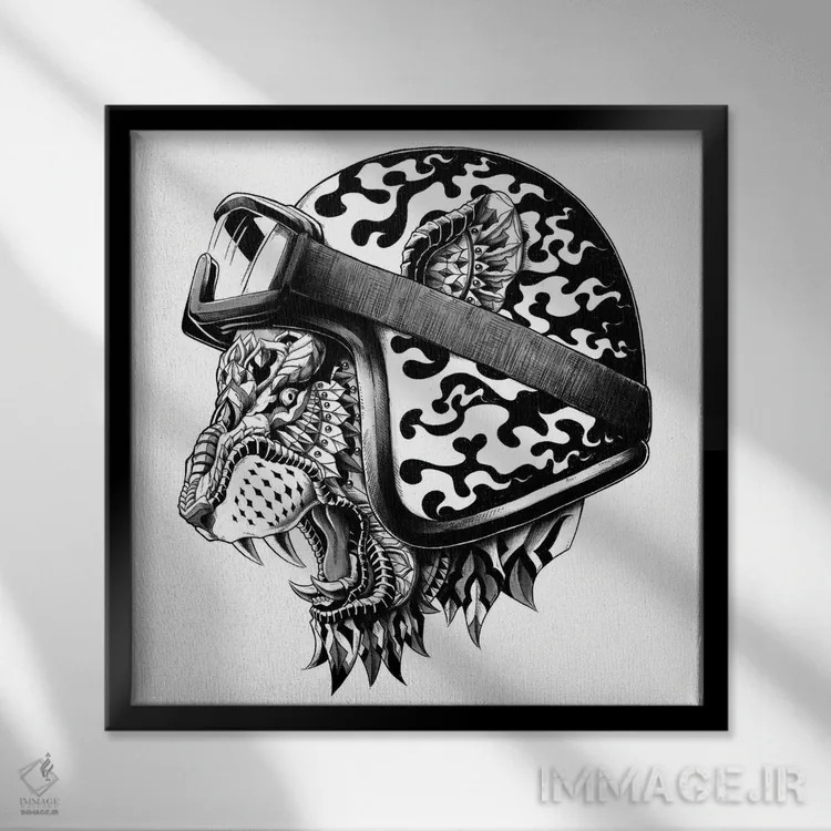 تابلو کلاهخود ببر اثر بیوورکز - نمای قابدار مشکی