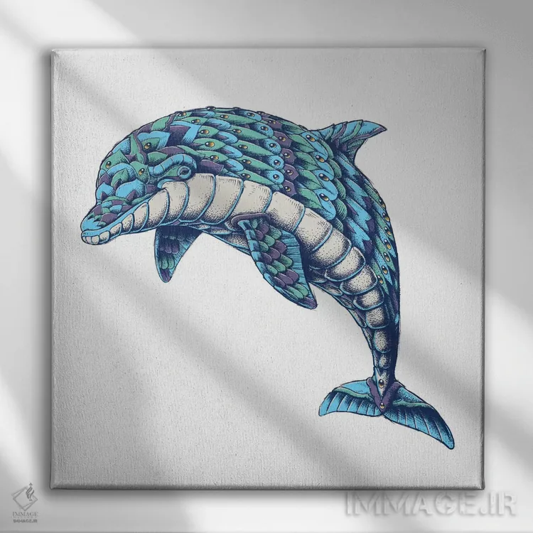 تابلو دلفین تزیینی رنگی شماره ۱ اثر بیوورکز - نمای روبهرو روی دیوار