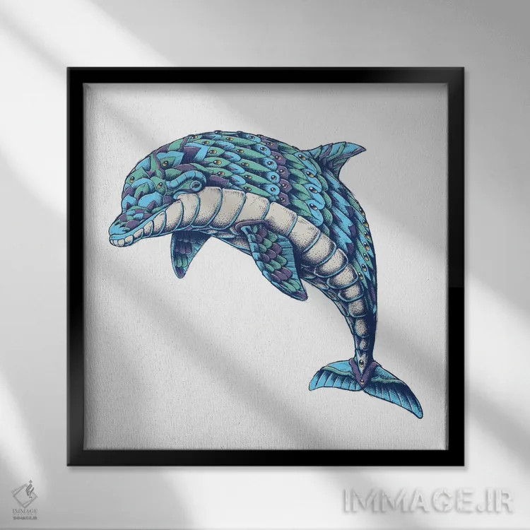 تابلو دلفین تزیینی رنگی شماره ۱ اثر بیوورکز - نمای قابدار مشکی