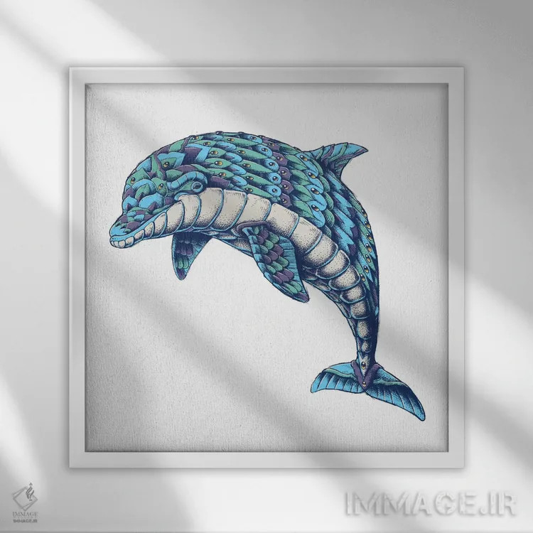 تابلو دلفین تزیینی رنگی شماره ۱ اثر بیوورکز - نمای قابدار سفید