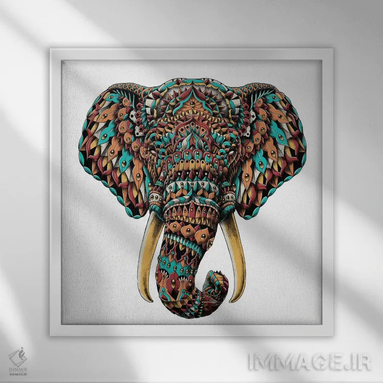 تابلو سر فیل تزیینی رنگی شماره ۲ اثر بیوورکز - نمای قابدار سفید