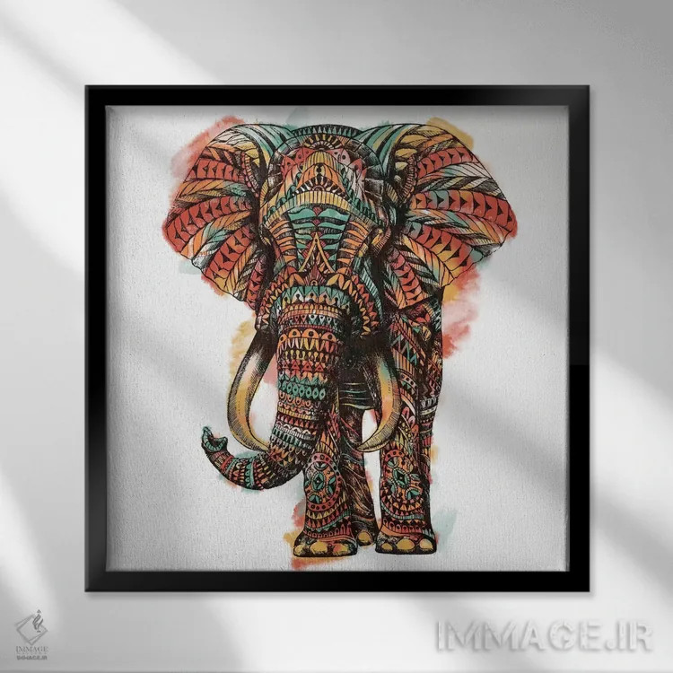 تابلو فیل تزیینی شماره ۱ رنگی شماره ۱ اثر بیوورکز - نمای قابدار مشکی