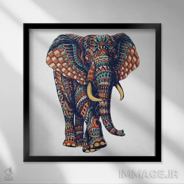 تابلو فیل تزیینی شماره ۳ رنگی شماره ۲ اثر بیوورکز - نمای قابدار مشکی