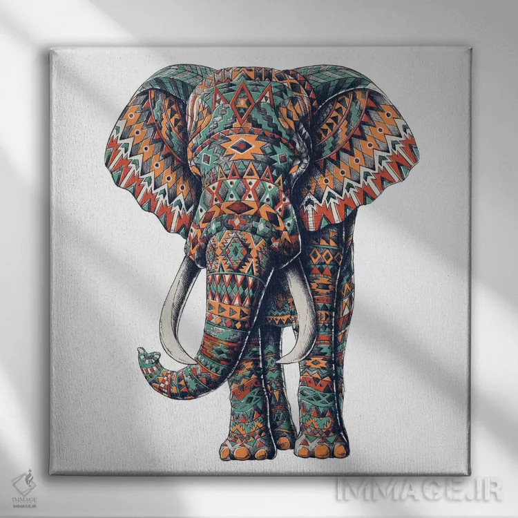 تابلو فیل قبیلهای تزیینی رنگی شماره ۱ اثر بیوورکز - نمای روبهرو روی دیوار