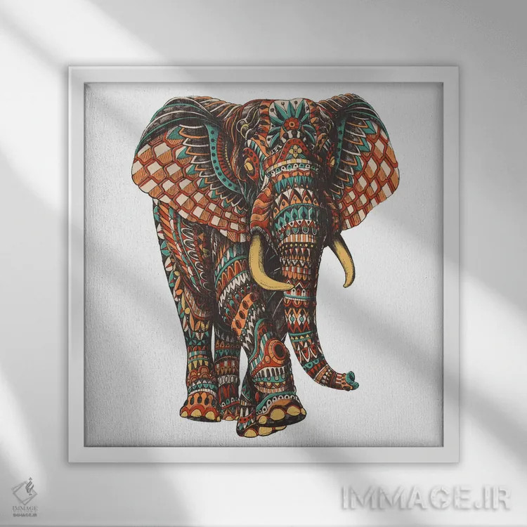 تابلو فیل تزیینی شماره ۳ رنگی شماره ۱ اثر بیوورکز - نمای قابدار سفید