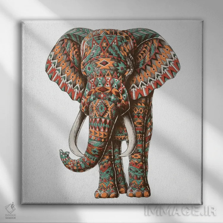 تابلو فیل قبیلهای تزیینی رنگی شماره ۲ اثر بیوورکز - نمای روبهرو روی دیوار