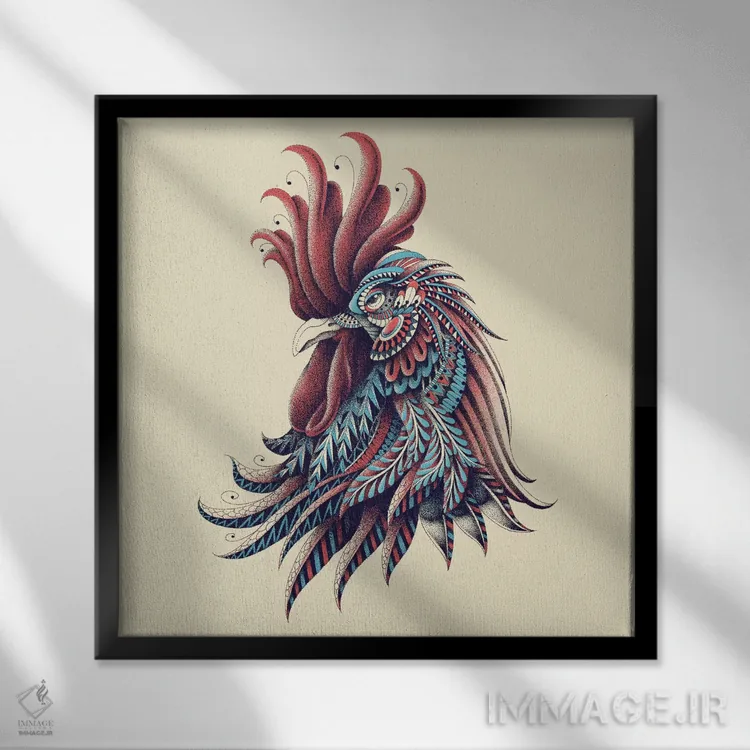 تابلو خروس تزیینی رنگی شماره ۱ اثر بیوورکز - نمای قابدار مشکی