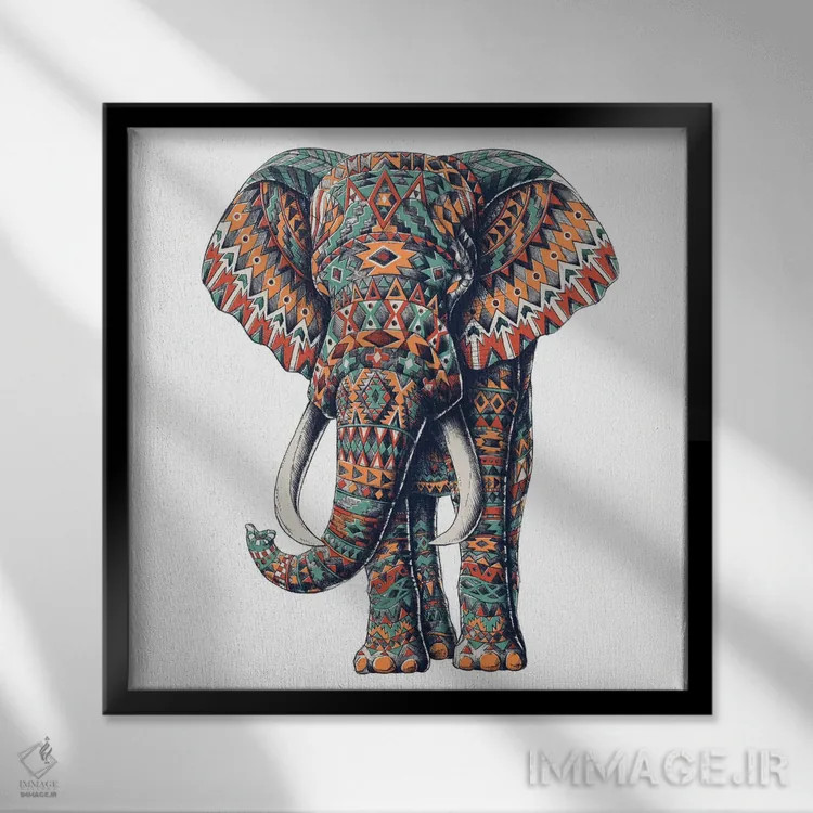 تابلو فیل قبیلهای تزیینی رنگی شماره ۱ اثر بیوورکز - نمای قابدار مشکی