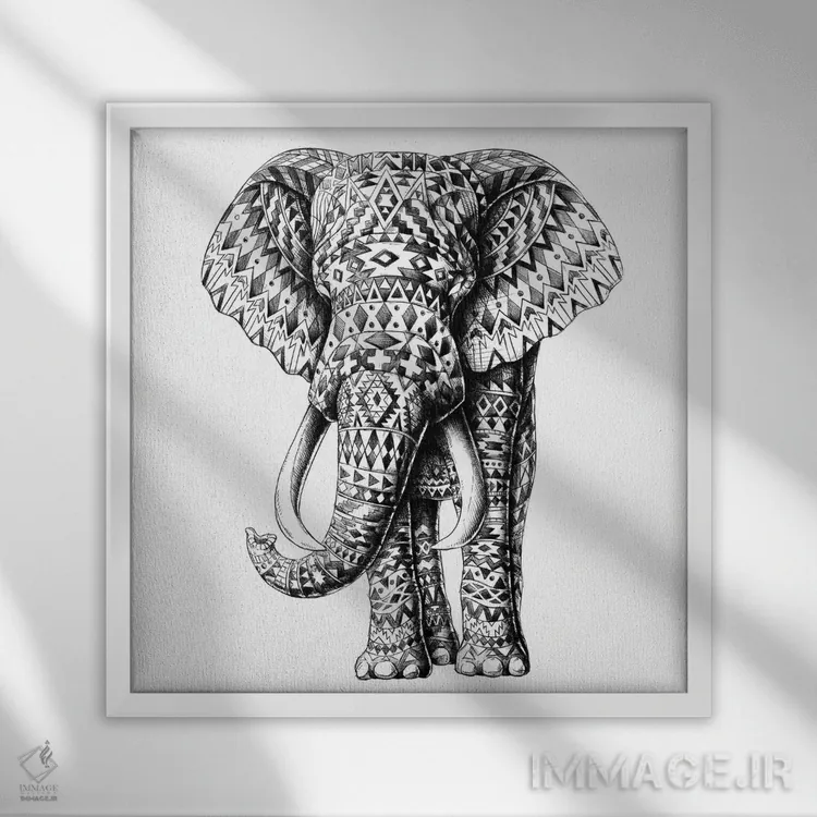تابلو فیل قبیلهای تزیینی اثر بیوورکز - نمای قابدار سفید