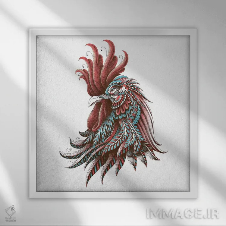 تابلو خروس تزیینی رنگی شماره ۲ اثر بیوورکز - نمای قابدار سفید