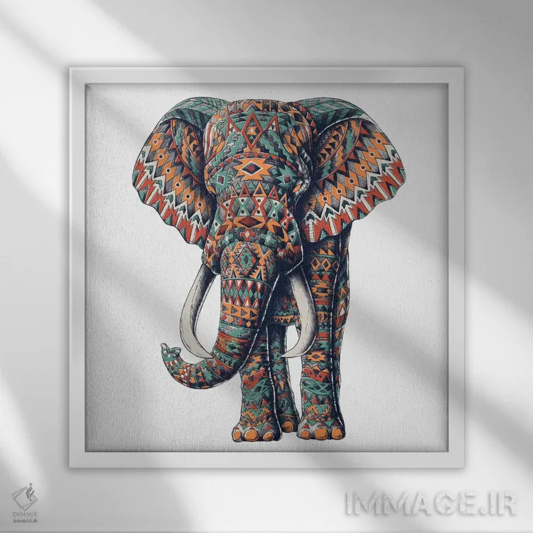 تابلو فیل قبیلهای تزیینی رنگی شماره ۱ اثر بیوورکز - نمای قابدار سفید