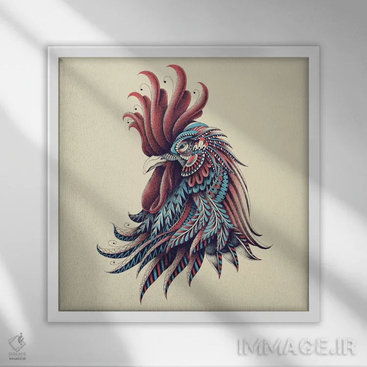 تابلو خروس تزیینی رنگی شماره ۱ اثر بیوورکز - نمای قابدار سفید