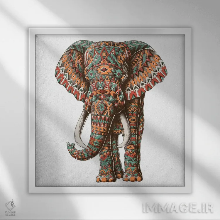 تابلو فیل قبیلهای تزیینی رنگی شماره ۲ اثر بیوورکز - نمای قابدار سفید
