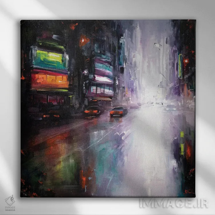تابلو غروب رنگارنگ در یک شهر بزرگ اثر بُژنا فوخس - نمای روبهرو روی دیوار