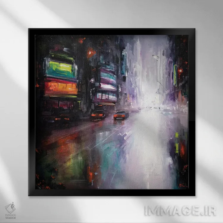 تابلو غروب رنگارنگ در یک شهر بزرگ اثر بُژنا فوخس - نمای قابدار مشکی