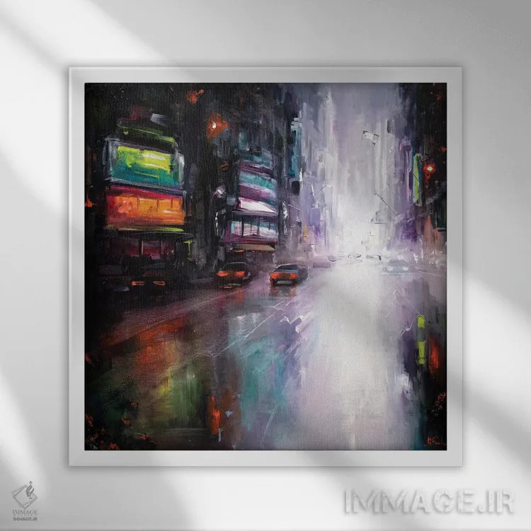 تابلو غروب رنگارنگ در یک شهر بزرگ اثر بُژنا فوخس - نمای قابدار سفید